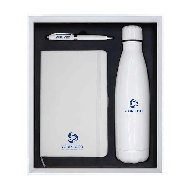 White Colour PU Notebook, White Metal Pen with Stylus & White Insulated Bottle